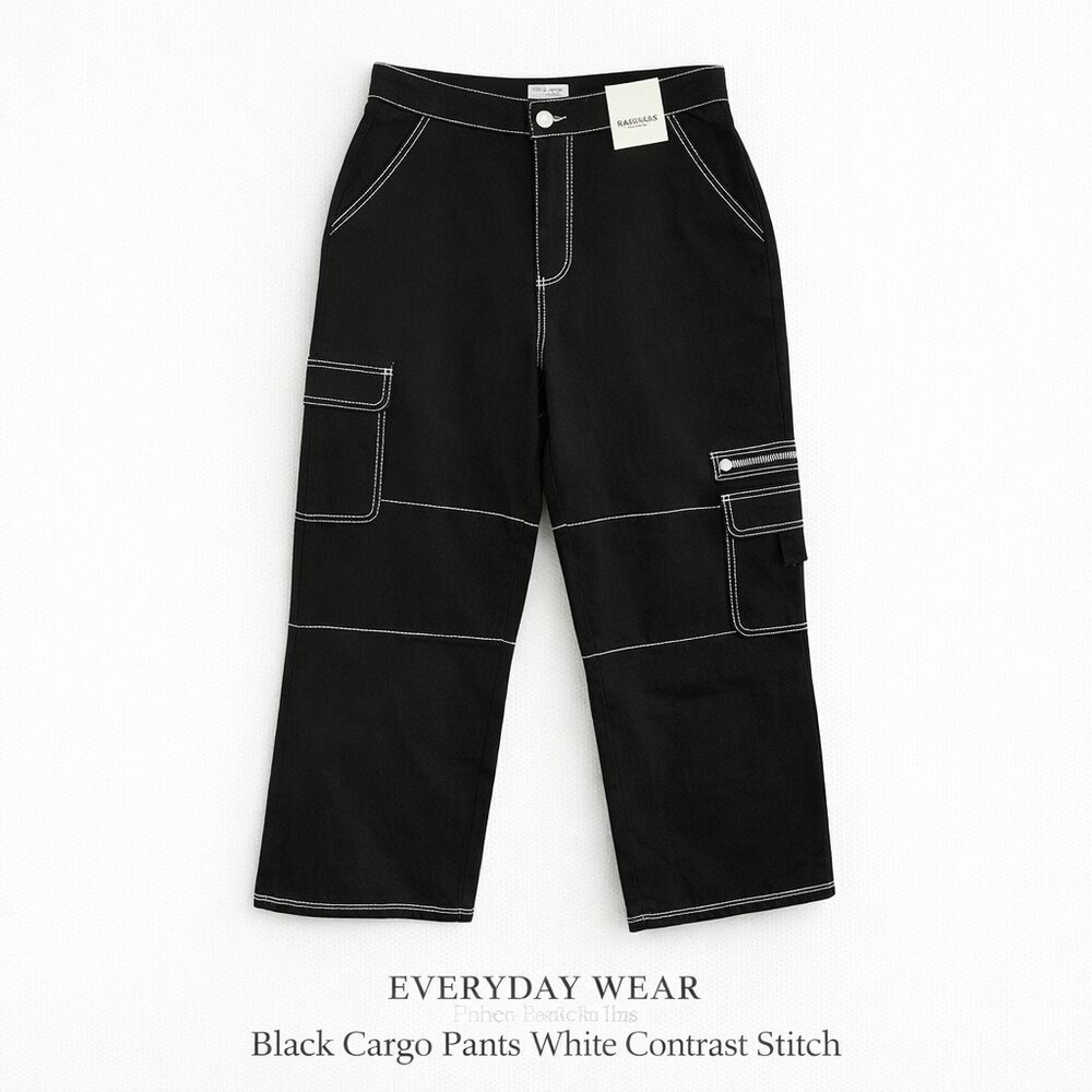 Black Cargo Pants White Contrast Stitch Y2K Streetwear Cotton M